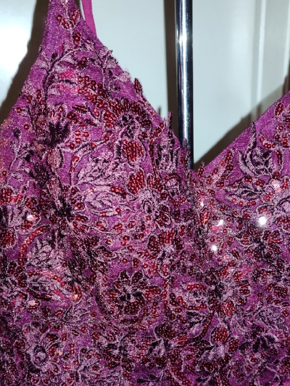 Burgundy Beaded Spaghetti-Strap Prom Gown with High Slit - Picture 3 of 7